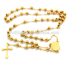 Men 316l Stainless Steel Heavy 8mm Gold Beads Virgin Mary Rosary Necklace Jesus Crucifix Cross